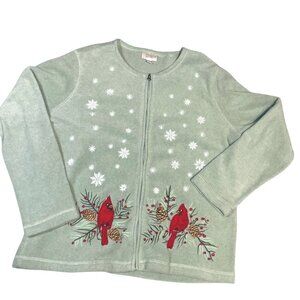 Baxter & Wells Womens L Cardinal Embroidered Fleece Cardigan vintage